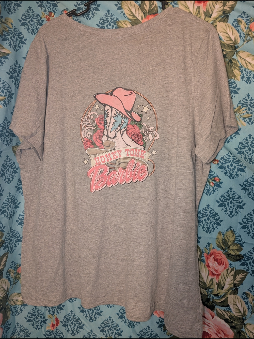 Honky Tonk Barbie Graphic Tee - Light Gray with Pink Accents